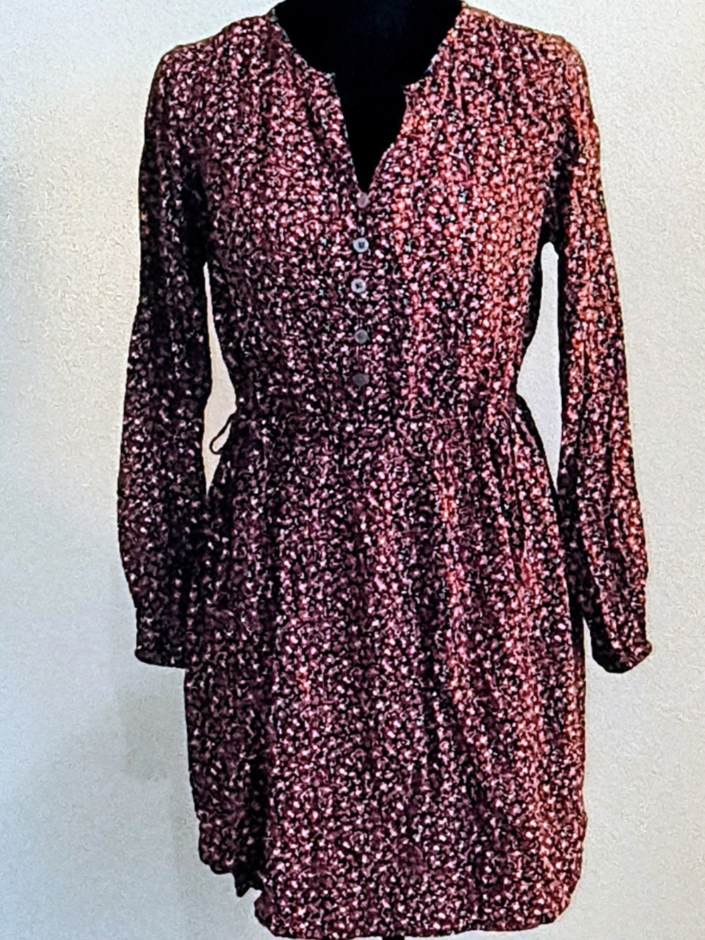 LOFT Long-Sleeve Floral Button Tunic Dress in Burgundy and Black